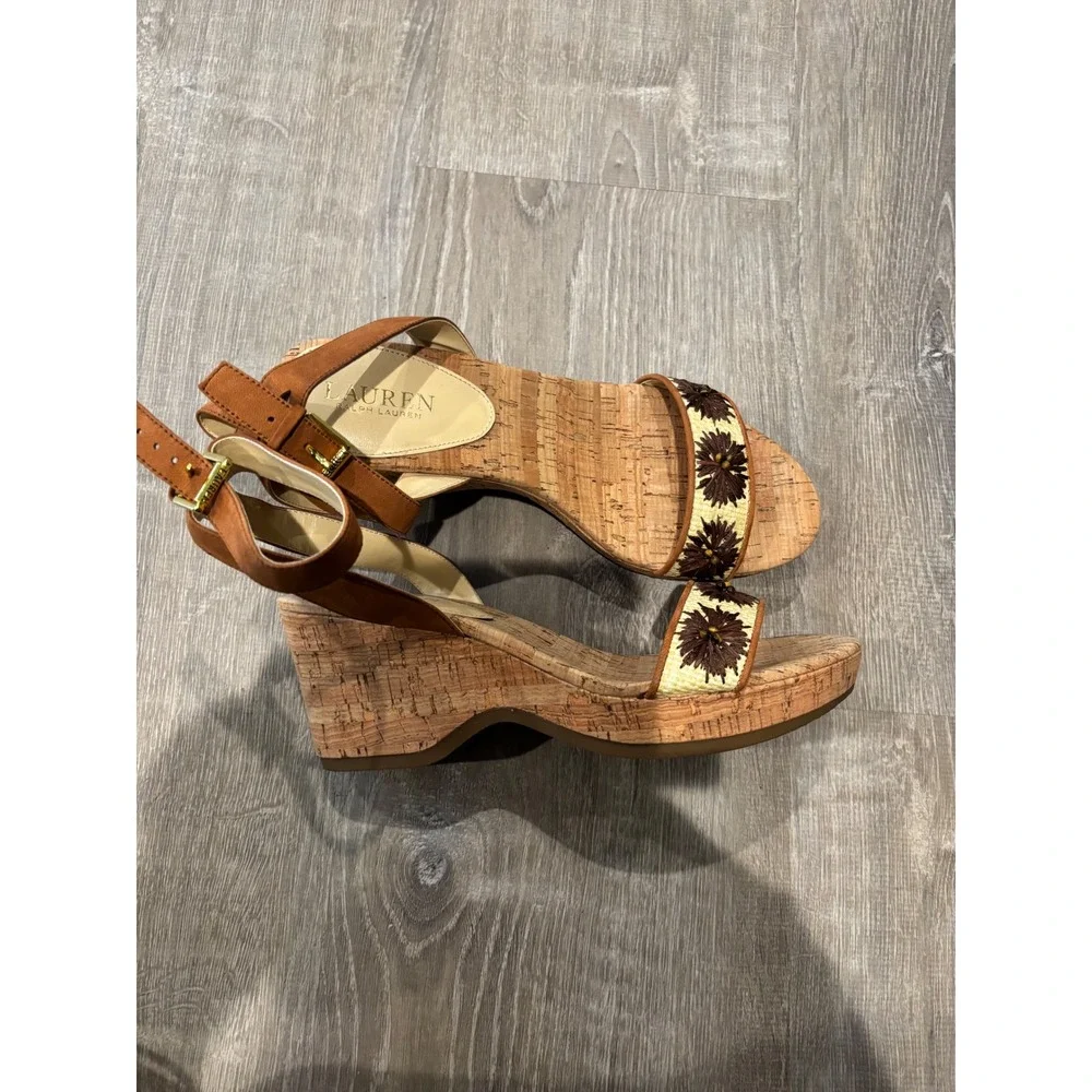 Lauren Ralph Lauren Wedges Cork Flower‎ Ankle Strap Heels Sandals Size 10